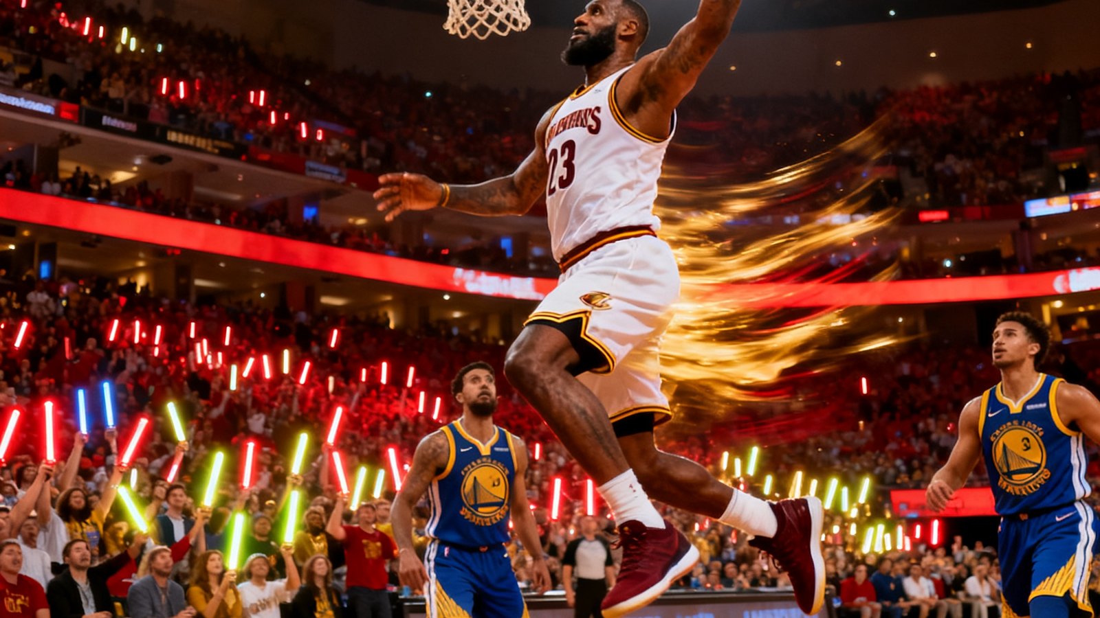 NBA季后赛西部半决赛中湖人队勒布朗·詹姆斯持球突破勇士队防线飞身单手劈扣的震撼瞬间，背景为大通中心球馆沸腾的观众席